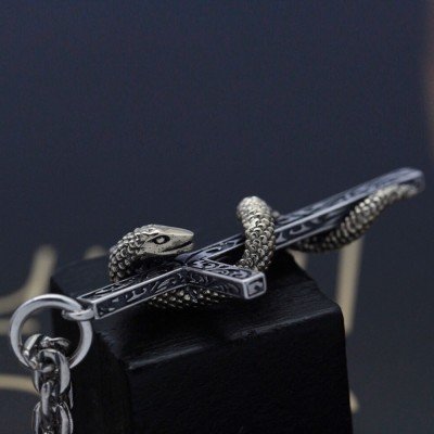 Men's Sterling Silver Snake Cross Necklace