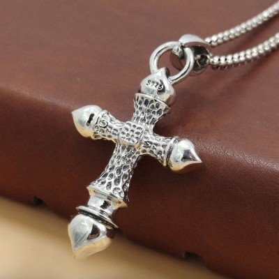 Men's Sterling Silver Hammered Cross Pendant Necklace