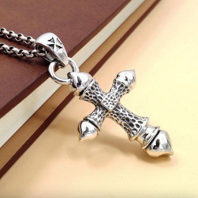 Men's Sterling Silver Hammered Cross Pendant Necklace