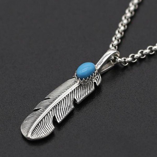 Sterling Silver Turquoise Feather Pendant Necklace - Jewelry1000.com