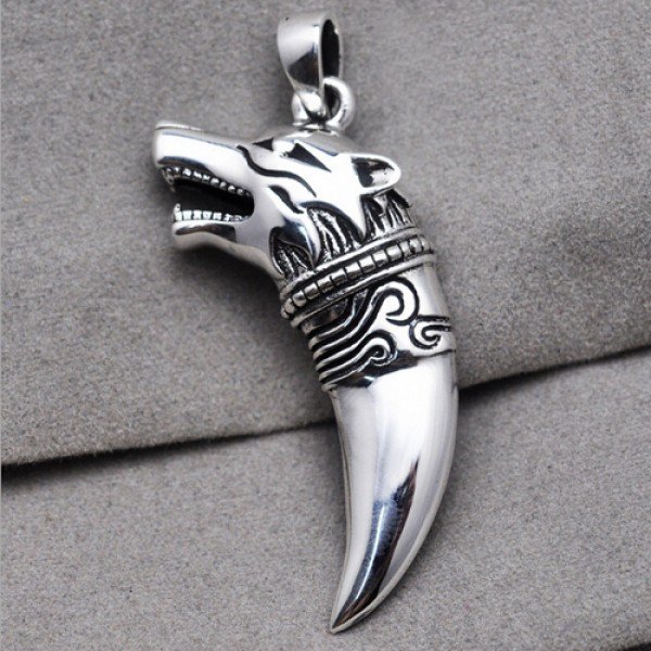 Mens Sterling Silver Wolf Head Pendant Necklace