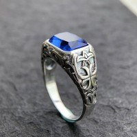 Men's Sterling Silver Blue Crystal Ring