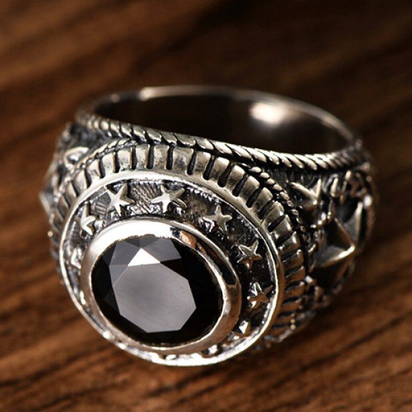 Men's Sterling Silver Stars Obsidian Ring - Jewelry1000.com